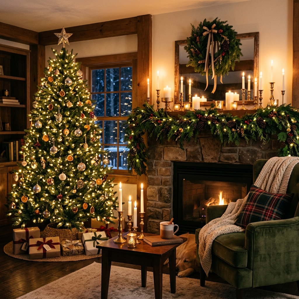 Cozy Christmas living room glowing with layered candles, brass holders, greenery and warm Christmas tree lights.