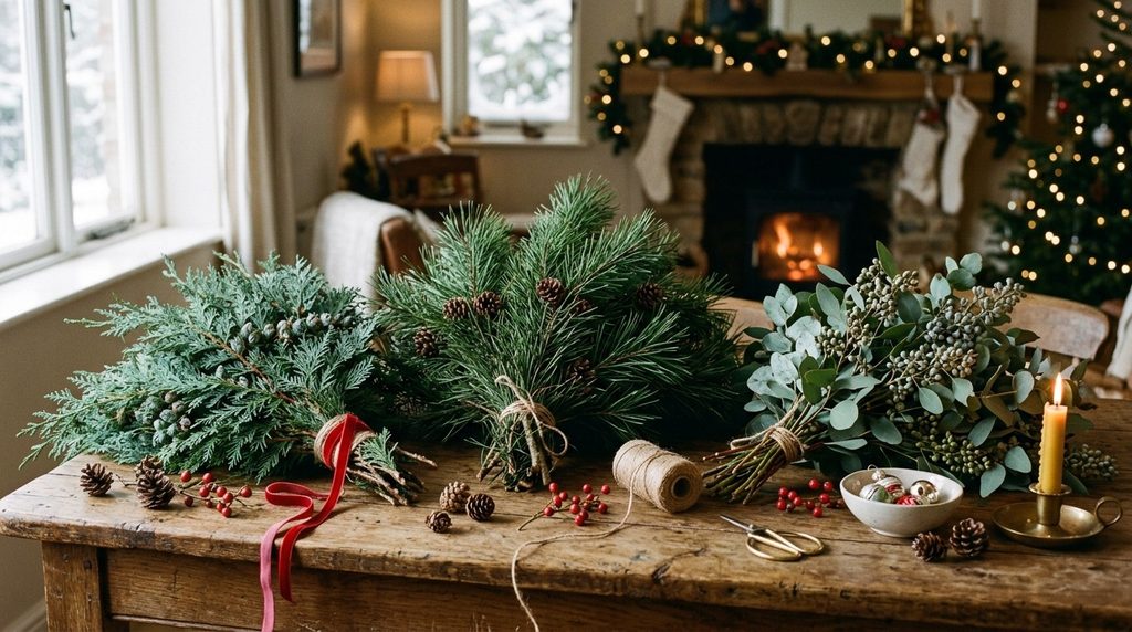 Bundles of fresh cedar, pine, and eucalyptus laid on a wooden cottage table ready for Christmas decorating