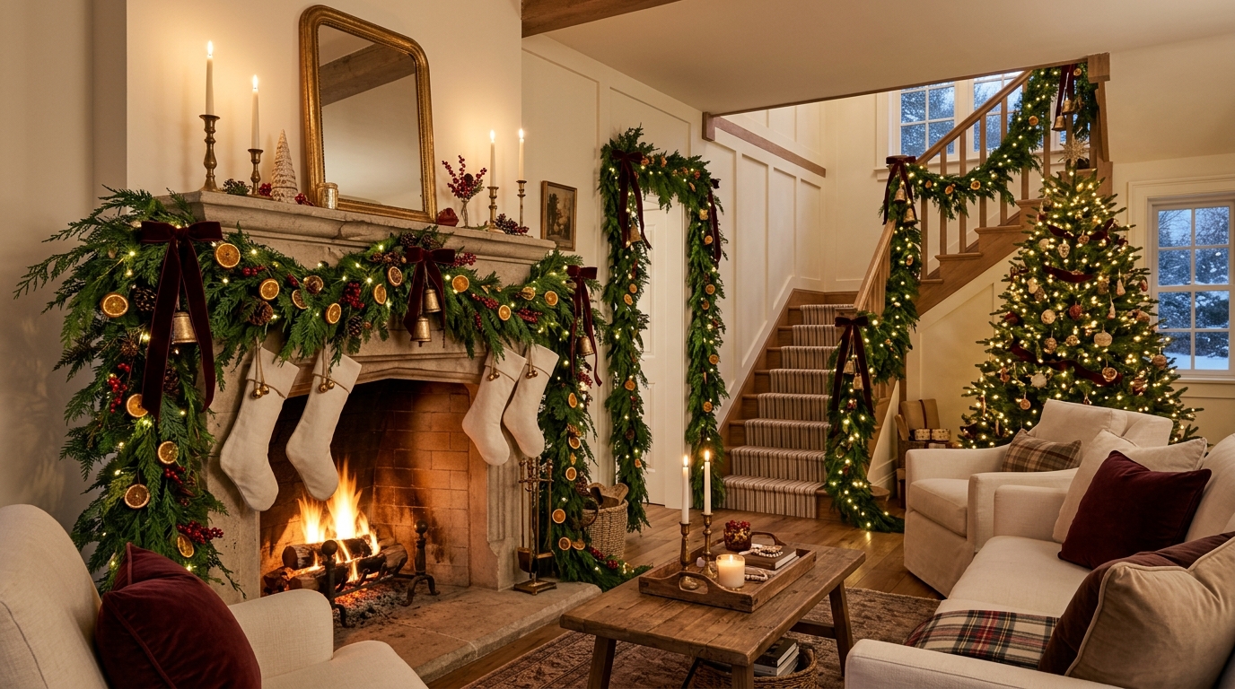 Cozy Christmas living room decorated with lush evergreen garlands, velvet ribbon, brass bells and warm lights.