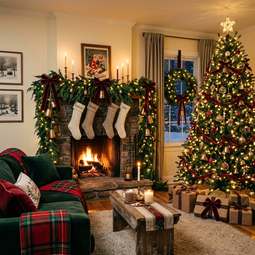 Cozy Christmas living room decorated with lush evergreen garlands, velvet ribbon, brass bells and warm lights.