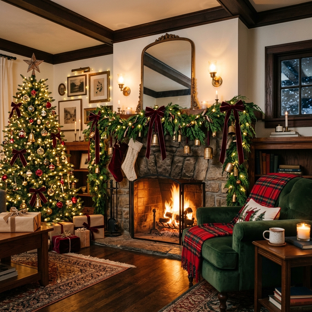 Cozy Christmas living room decorated with lush evergreen garlands, velvet ribbon, brass bells and warm lights.