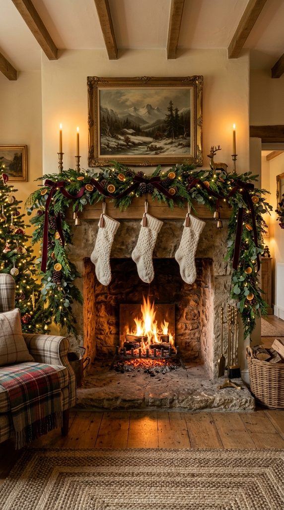 Christmas mantel with layered evergreen garland, velvet ribbon, dried oranges, brass bells and warm lights.