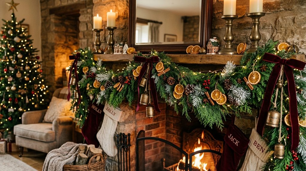 Christmas mantel with layered evergreen garland, velvet ribbon, dried oranges, brass bells and warm lights.