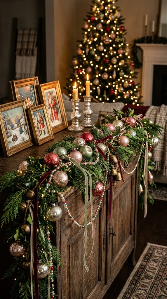 Vintage Christmas garland decorated with colorful glass ornaments, velvet ribbon, brass bells and warm lights.