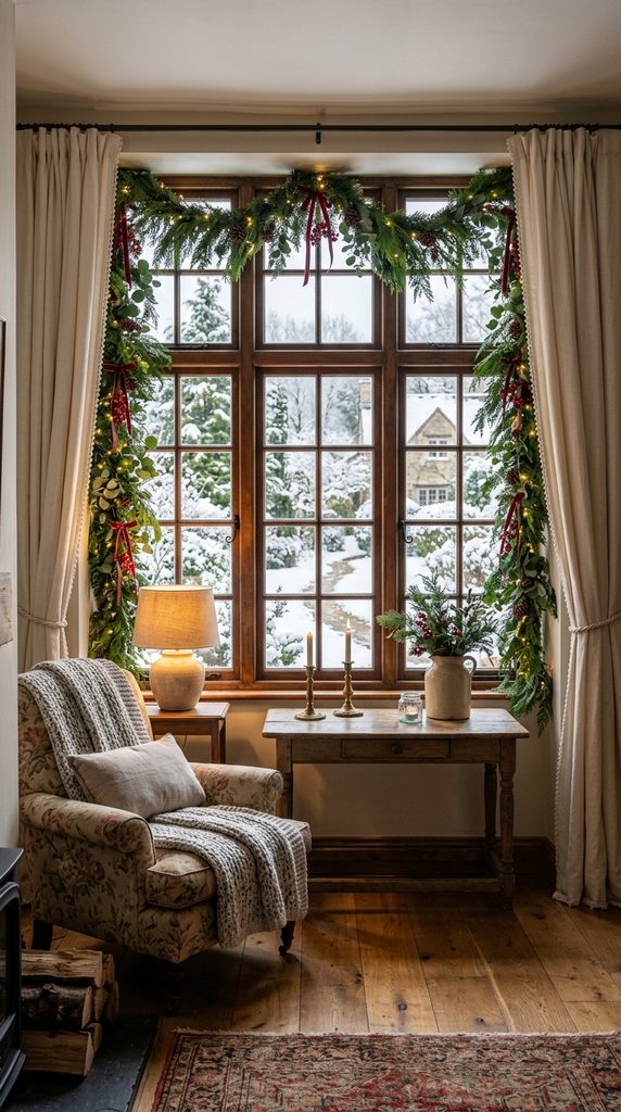 Christmas window framed with cascading cedar garland, velvet ribbon, pinecones and warm white fairy lights.