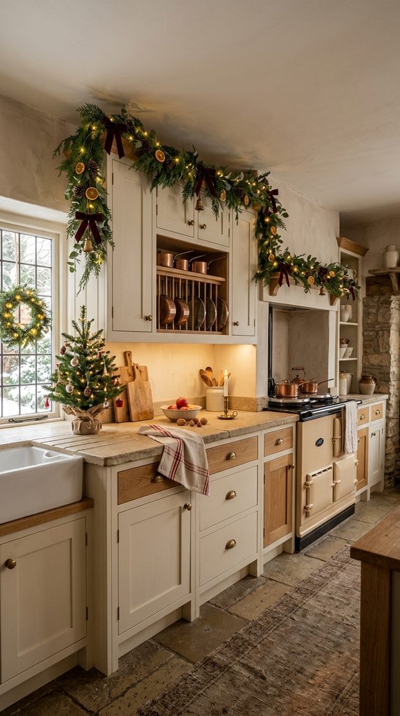 Christmas kitchen cabinets decorated with cedar garland, velvet bows, dried oranges and warm fairy lights.