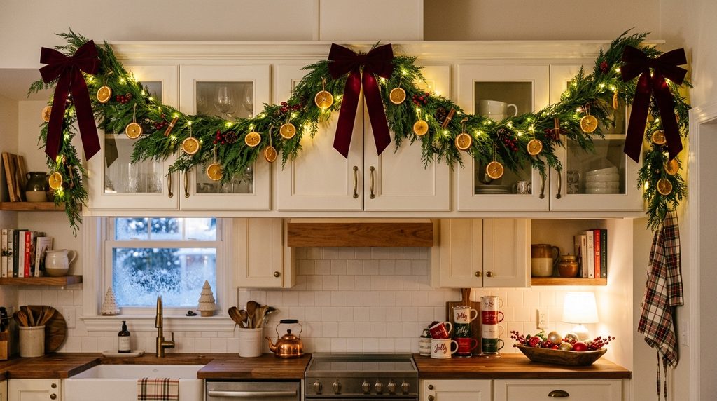 Christmas kitchen cabinets decorated with cedar garland, velvet bows, dried oranges and warm fairy lights.