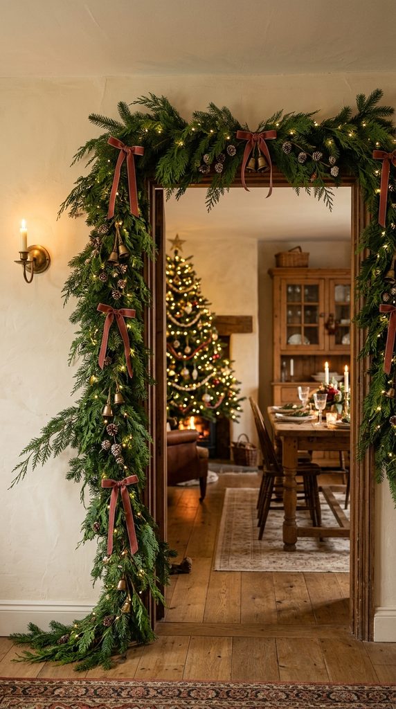 Interior Christmas doorway framed with evergreen garland, velvet bows, brass bells and glowing fairy lights.