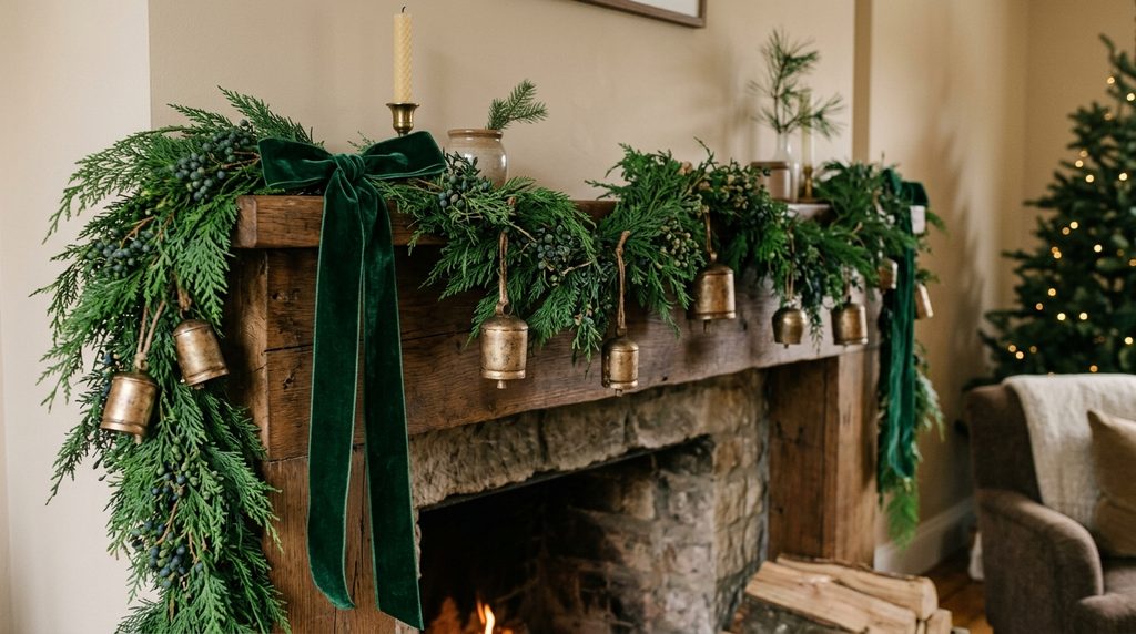 Minimal Christmas garland with cedar greenery, antique brass bells and long forest green velvet ribbon.