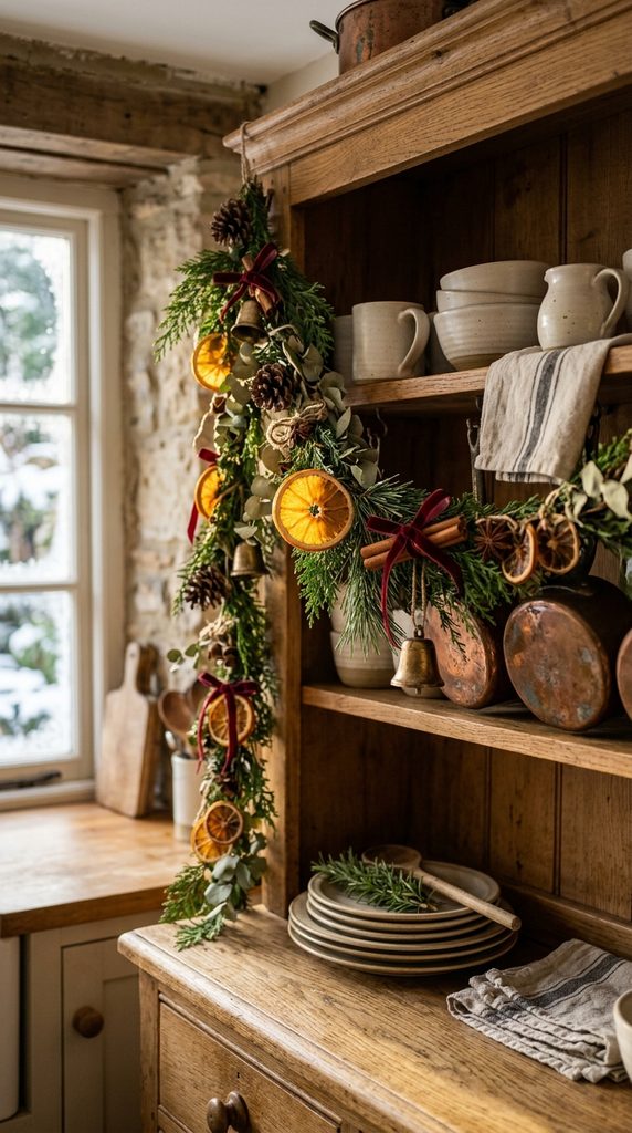 Handmade Christmas garland with dried oranges, cinnamon sticks, cedar, pinecones and small brass bells.