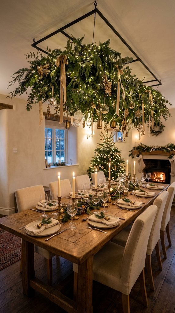 Christmas dining table beneath a suspended evergreen garland with lights, velvet ribbon and brass bells.