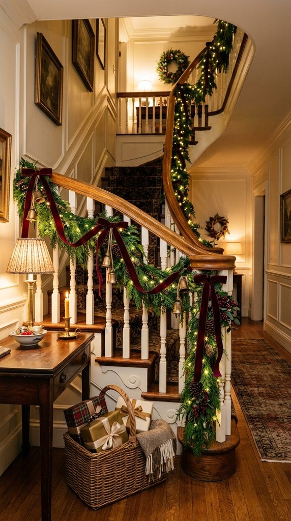 Christmas staircase wrapped in evergreen garland with burgundy velvet ribbon, brass bells and warm fairy lights.
