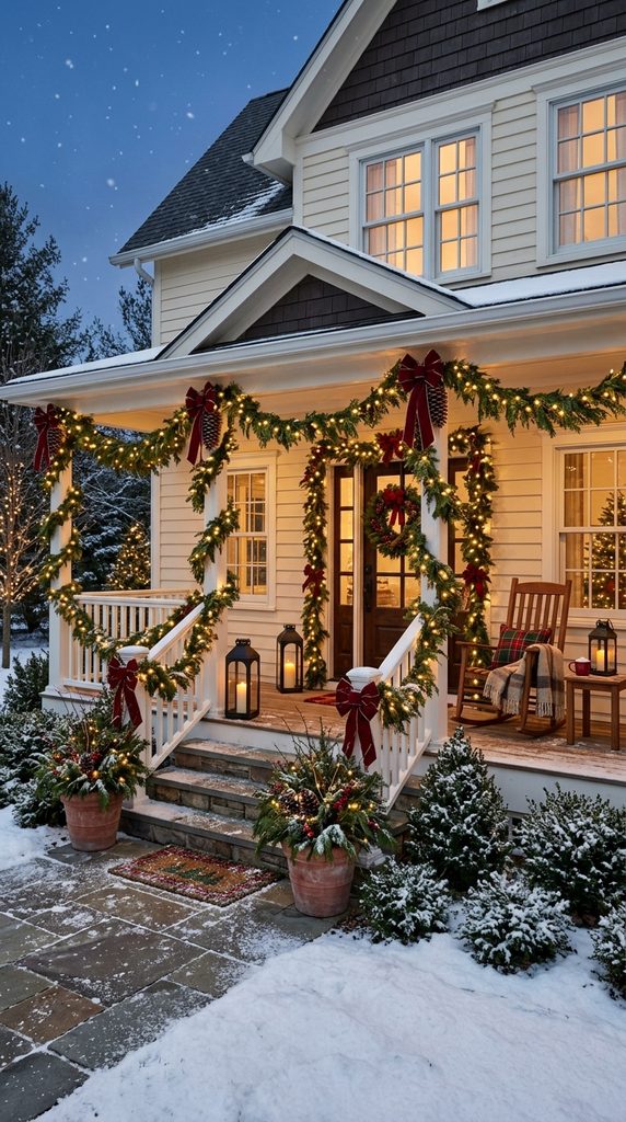 Christmas porch railing wrapped with evergreen garland, red ribbon, pinecones and warm weatherproof lights.