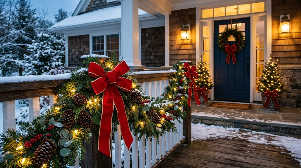 Christmas porch railing wrapped with evergreen garland, red ribbon, pinecones and warm weatherproof lights.